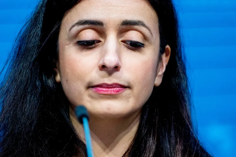 Oslo 20220302. Arbeids- og integreringsminister Hadia Tajik (Ap) holder pressekonferanse i Marmorhallen i Oslo onsdag. Foto: Håkon Mosvold Larsen / NTB ---