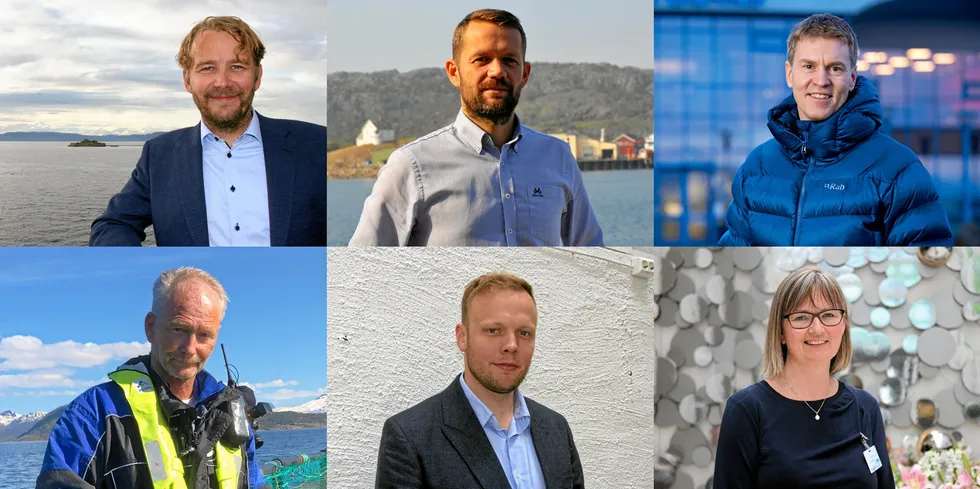 Ifølge regnskapene tjente alle disse over to millioner i lønn i fjor. Fra øverst til venstre: Alf Gøran Knutsen (Kvarøy Fiskeoppdrett), Tom Eirik Aasjord (Nova Sea), Eirik Welde (Nordlaks Oppdrett), Tom Jarle Bjørkly (Mortenlaks), Sondre Eide (Eide Fjordbruk) og Nina Santi (Aquagen),