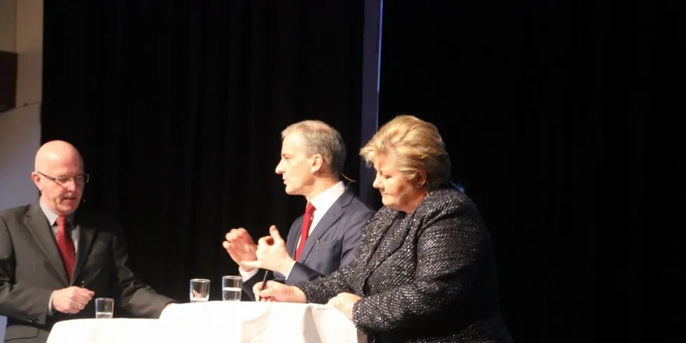 Statsminister Erna Solberg og Ap-leder Jonas Gahr Støre i debatt om olje i LoVeSe. Foto: Anders Furuset.