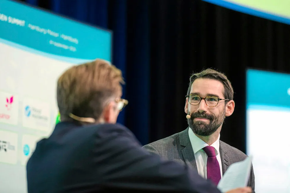 Renewable Hydogen Coalition impact director François Paquet speaking to Recharge editor-in-chief Darius Snieckus at the Recharge Hydrogen Summit in Hamburg last week.
