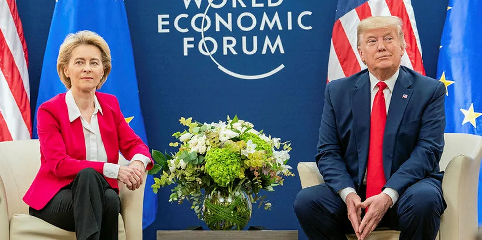 President Donald J. Trump meets with the President of the European Commission Ursula von der Leyen during the 50th Annual World Economic Forum meeting Tuesday, Jan. 21, 2020, at the Davos Congress Centre in Davos, Switzerland. (Official White House Photo by Shealah Craighead)