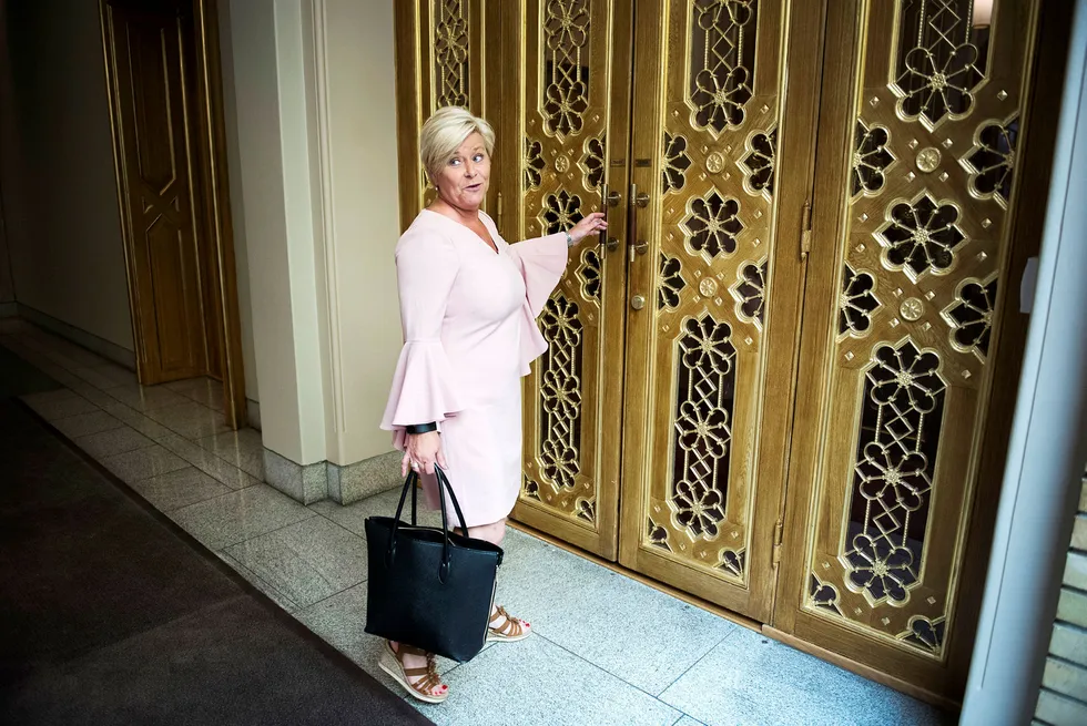 Finansminister Siv Jensen på Stortinget i forbindelse med behandlingen av revidert nasjonalbudsjett. Foto: Per Ståle Bugjerde