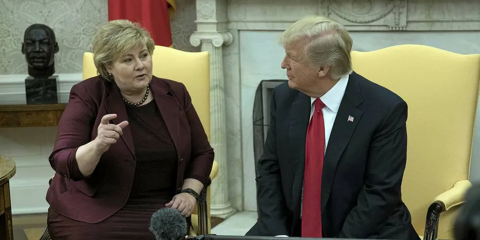 POSITIVT MØTE: Statsminister Erna Solberg møtte president Donald Trump i Det hvite hus sist onsdag. Møtet mellom de to statslederne betegnes som positivt.Foto: RS/MPI/Capital Pictures / MEGA