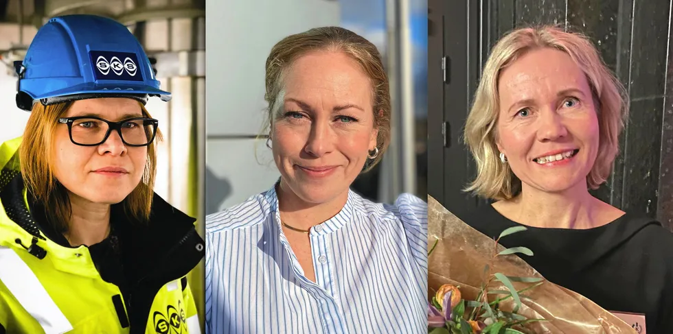 Her er de tidligere vinnerne av «Årets Kraftkvinne»: (fra v) 2020 (Liina Veerme, SKS), 2021 (Camilla Thorrud Larsen, Volue) og 2022 (Anne Sagstuen Nysæther, Elvia).