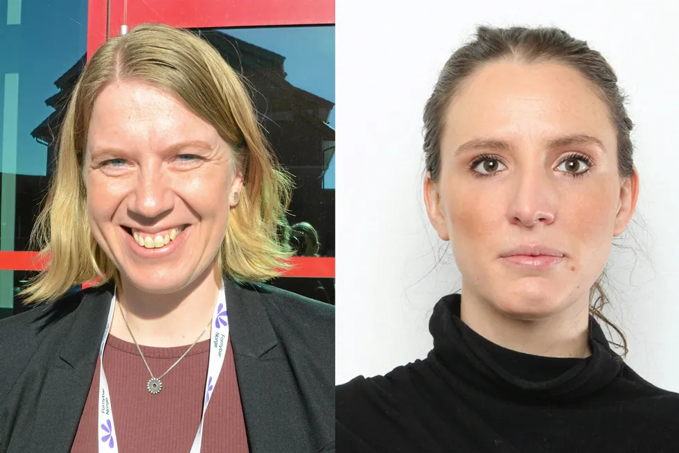 Nå gir Line Drange Ruud (til v) stafettpinnen som leder i Kraftkvinnenene videre til Khanya Bouma.