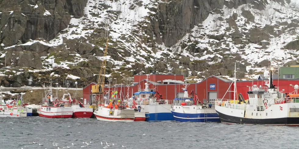 Fiskeflåten i Stamsund havn. Sjarker ved kai i dårlig vær. (Arkivfoto)