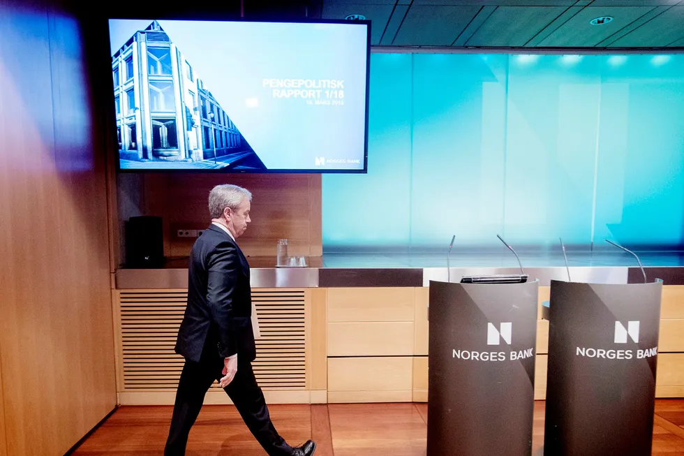 Sentralbanksjef Øystein Olsen, er fra forrige presentasjon av sentralbankens pengepolitisk rapport og rentebeslutningen.
