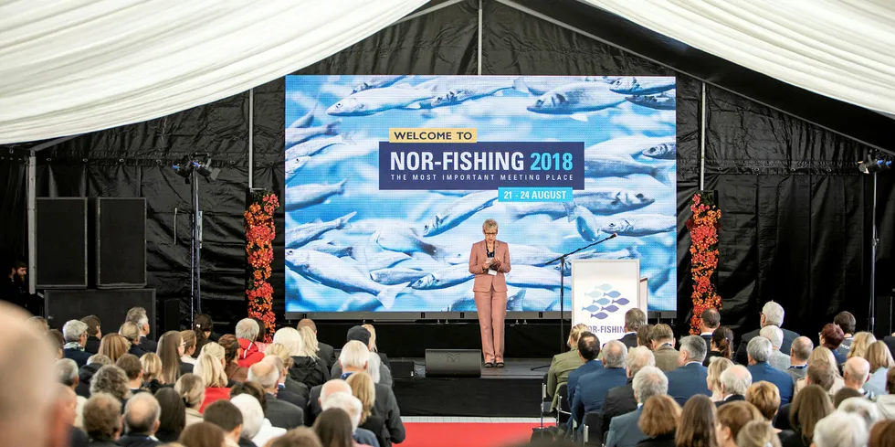 Daværende styreleder i Nor-Fishing, Liv Holmefjord, åpnet utstyrsmessen Nor-Fishing i 2018.