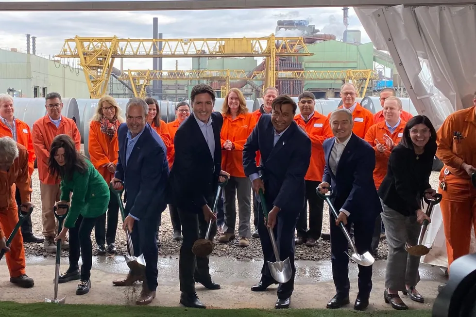 Canadian Prime Minister Justin Trudeau (fourth from left) and ArcelorMittal executive chairman Lakshmi Mittal (fifth from left), and other dignatories at a 2022 groundbreaking ceremony for DRI facilities in Hamilton, Ontario, which have not yet been built.