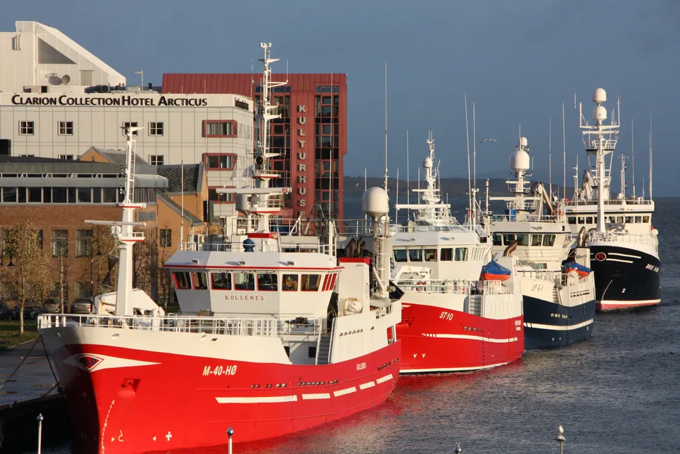 Den norske fiskeflåten består av rundt 5500 fartøy, og disse bidrar til suverenitetshevdelse og tilstedeværelse på havet påminner skribenten. Her ringnotbåter fra vårt arkiv – ved kai i Harstad.