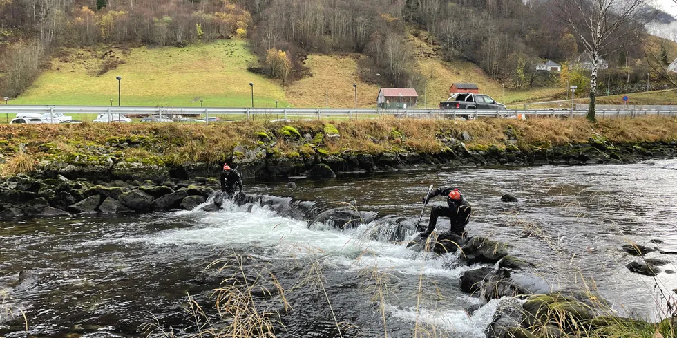 Her jobbes det med gjenfangst etter en lakserømming fra Aller Aqua i Vadheimsfjorden 2022.