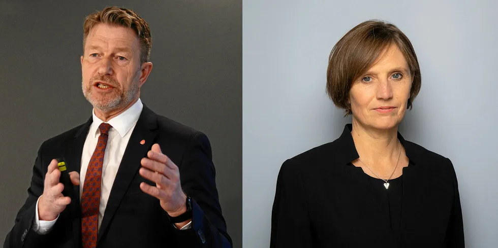 Regjeringen ved olje- og energiminister Terje Aasland (til v) og barne- og familieminister Kjersti Toppe har i dag lagt frem forslag om strengere regulering av strømsalg.