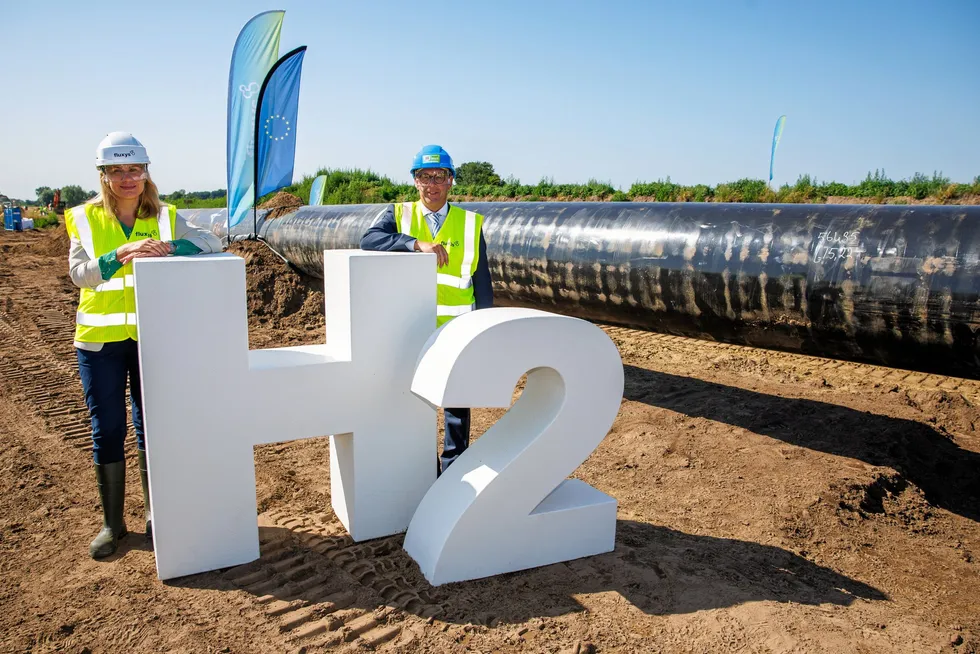 EU Energy Commissioner Kadri Simson and Fluxys managing director Pascal De Buck at the Belgian company's Lokeren site where it is building a hydrogen pipeline.