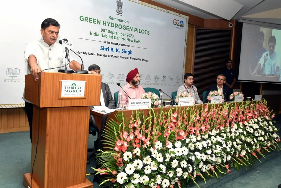 Indian minister for new and renewable energy RK Singh speaks at an NTPC event on green hydrogen pilots.