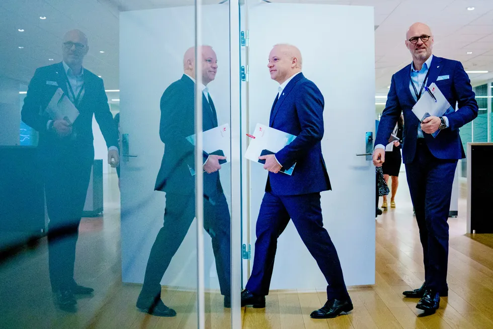 Konsernsjef Anders Opedal og finansdirektør Torgrim Reitan (til høyre) presenterte resultatene for første kvartal på Fornebu torsdag morgen.