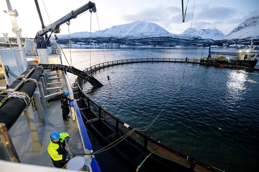 Matrosene Pål Karlsen (nærmest) og Martin Mathisen på Brønnbåten RO Fortune som eies av RO Stein as på besøk hos oppdrettsanlegget Lerøy Årøya i Lyngenfjorden. Brønnbåtnæringen tjener svært godt på å fjerne lakselus fra oppdrettslaks.