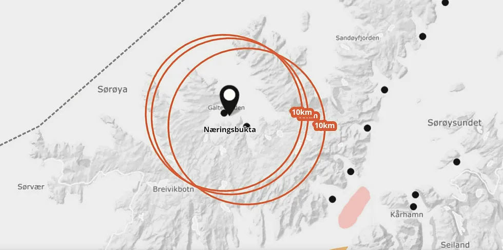 Lokaliteten til NRS Farming (Norway Royal Salmon) Næringsbukta i Hasvik kommune, Troms og Finnmark fylke.