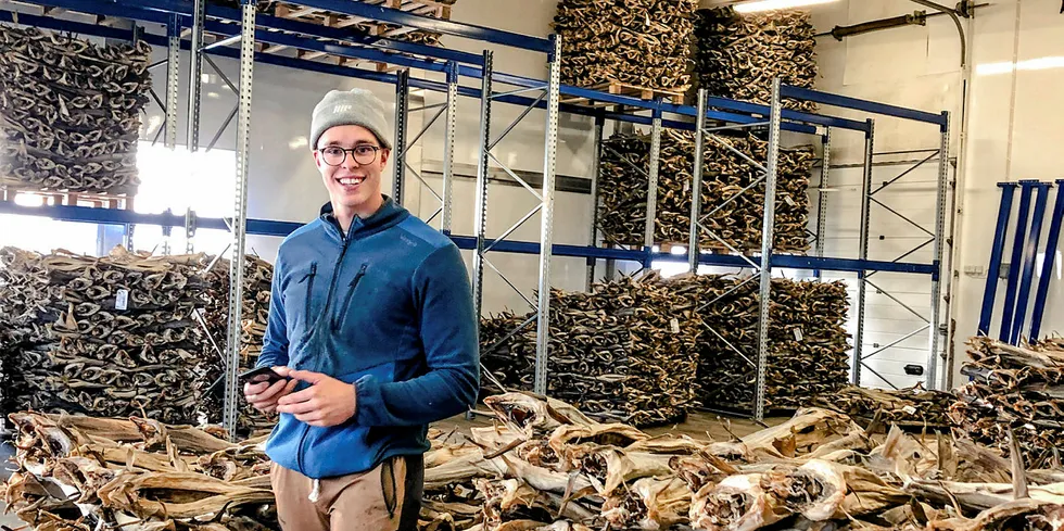 TØRRFISK: Tim Johansen er fersk vraker hos Røst Sjømat, og har undersøkt en hel del fisk hittil.