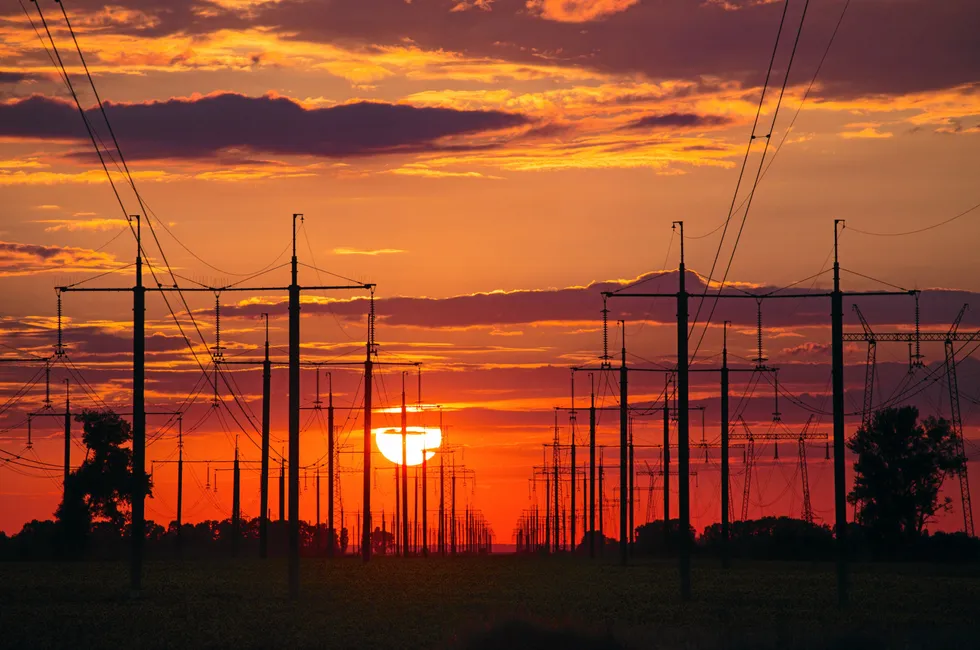 Four rows of electricity pylons in the US.