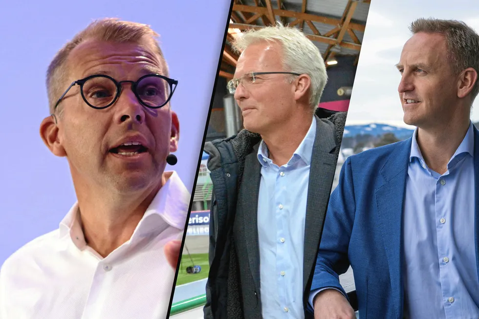 Steffen Syvertsen (til v) i Å Energi ligger foreløpig best an i kampen om Fredrikstad Energi. Hafslunds Finn Bjørn Ruyter (midten) og Eidsivas Henning Olsen (til h) må finne seg i å stå på sidelinjen.