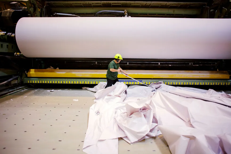 Ryddingen etter konkursen i Norske Skogindustrier asa er nå i full gang. Her er Dana Shekha Poor i ferd med å fjerne papir ved Norske Skog Saugbrugs i Halden. Foto: Javad Parsa