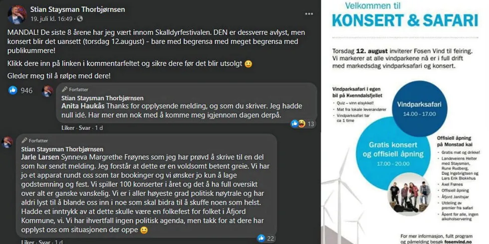 Artisten Staysman gledet seg til å rølpe med fansen på åpningskonsert for Fosen Vind, men trakk seg etter kritikk fra vindkraftmotstandere.