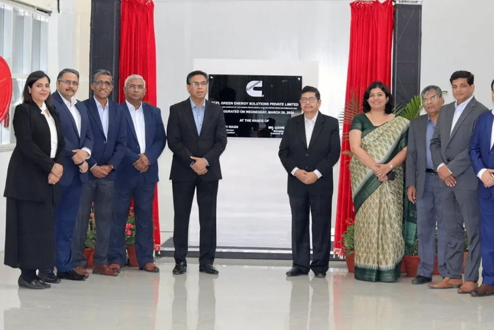 Executives from Cummins and Tata at the inaguruation of the hydrogen engine manufacturing site.