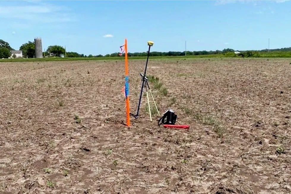 An orange stake in the ground marks the site of the forthcoming Sue Duroche-3 well in Kansas.