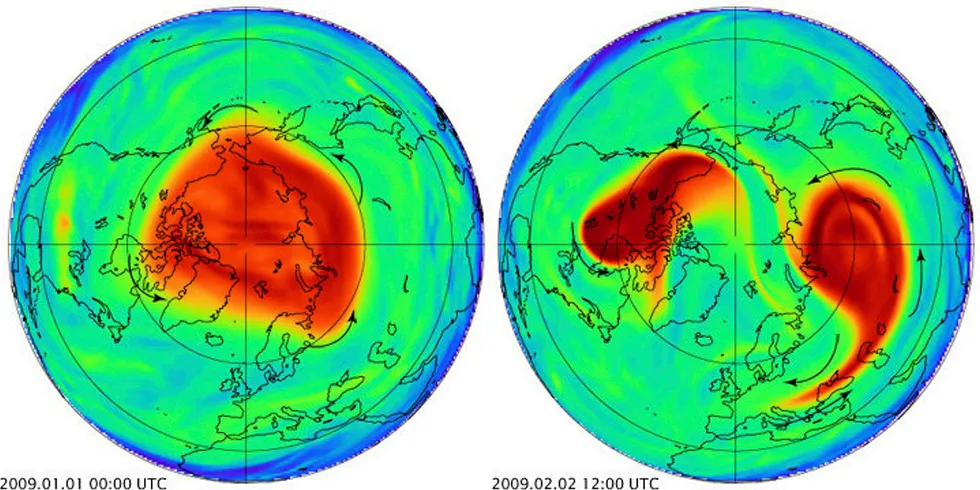 Fenomen: Værsystemet over Nordpolen ble splittet opp i første halvdel av februar, og det kan føre til lave temperaturer enn normalt mot slutten av vinteren. Bildet viser en illustrasjon av værfenomenet vortex split laget av Nasa.
