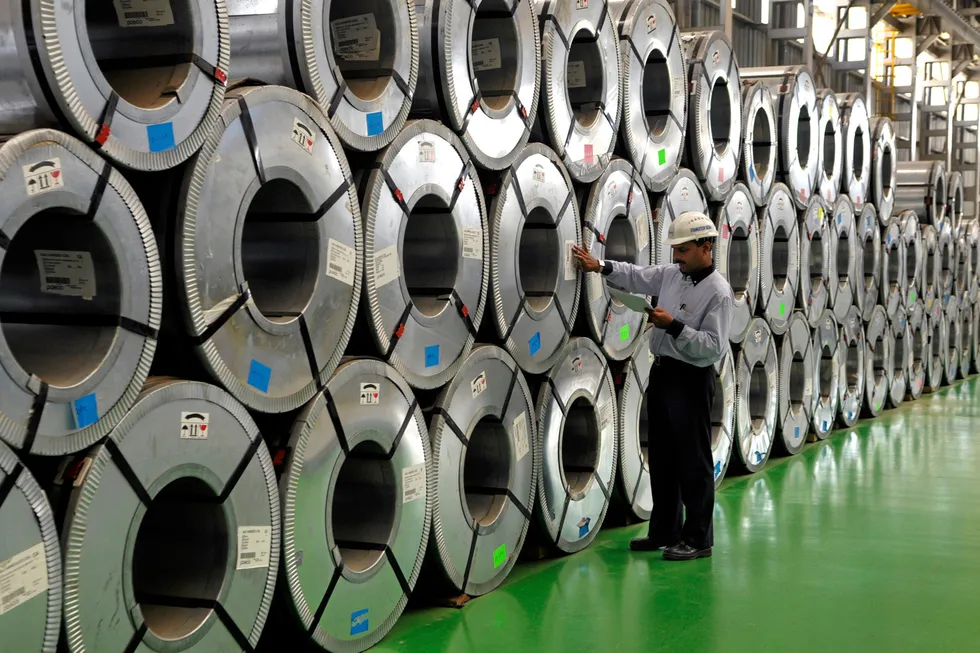 Rolled steel awaiting shipment at a Posco India processing centre on the outskirts of Pune, Maharashtra state.