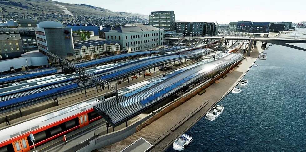 Bane NOR skal legge solceller på plattformoverbygget på 4500 kvm når den nye delen av togstasjonen i Drammen bygges.