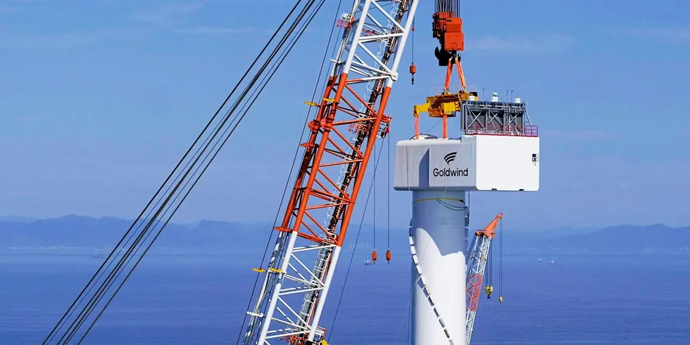 Goldwind. Goldwind's 14MW turbine during hoisting operation off Fujian provincee , now deployed off China.