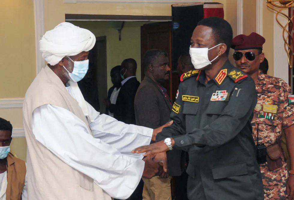 Tentative deal: Sudan Sovereign Council member Shams al-Din Kabashi (right) meets with head of the Supreme Council of Beja prefectures Muhammad al-Amin Turk on his arrival in Port Sudan last weekend