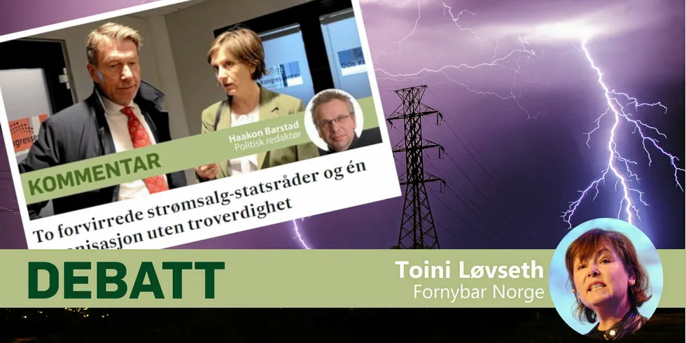 Det er oppriktig ment når vi ber myndighetene gjøre det vanskeligere å få konsesjon til å drive strømsalg, og lettere å miste den. Og når vi ber myndighetene slå hardere ned på villedende markedsføring, skriver Toini Løvseth i Fornybar Norge i dette debattinnlegget.