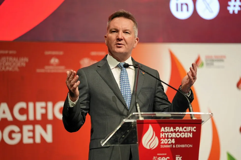 Climate and energy minister Chris Bowen speaking at the Asia-Pacific Hydrogen Summit on Friday.