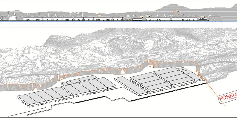 Sande Aqua har signert en designavtale med Billund Aquaculture som leverer RAS-teknologien til et landabasert anlegg i Gulen i Vestland. Konsesjonen er gitt for 33.000 tonn fisk og kan utvides til 66.000 tonn. Dette er en tidlig illustrasjon av anlegget.