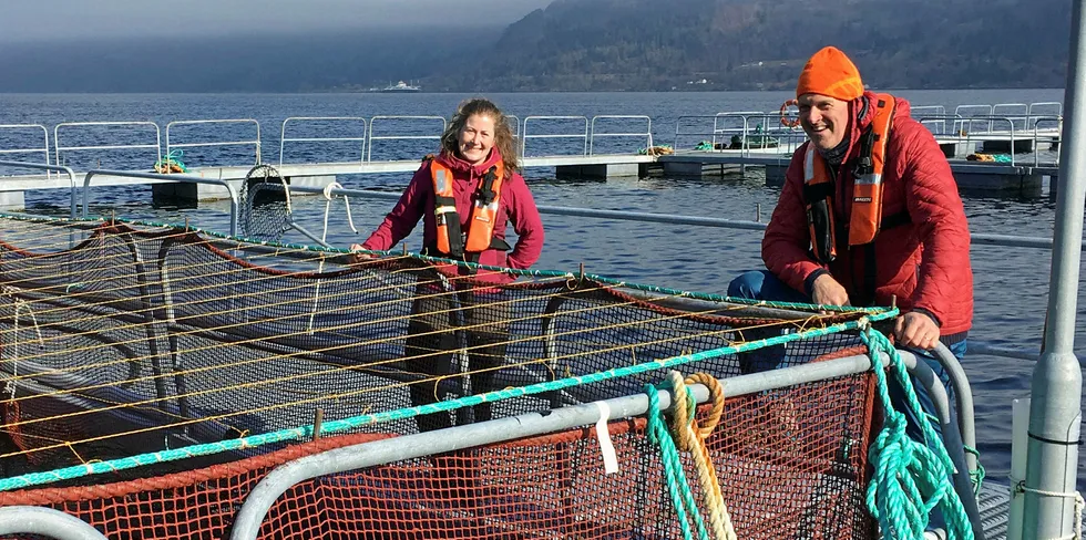 Ingrid Torvanger og Tom Wilke fra Sande Settefisk ser til at smolten har det bra etter utsett på lokaliteten Haneholmen hos Nordfjord Laks. I dette området er det nå krevd kutt i produksjonsmassen.