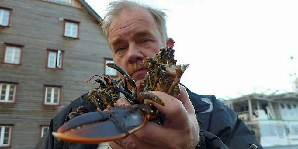 DØD HUMMER: Kurt Oddekalv med død hummer fra fiskeren Kristian Breivik ved Herdlevær. Hummeren døde i teiner i nærheten av oppdrettsanlegg til Erko Seafood, som hadde avlust med Trident og Alpha Max. Arkivfoto: Ole Erik Klokeide
