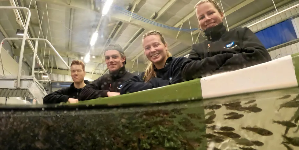 Håvard Frøyen (t.v.), Håvard Brandsøy, Henriette Helle og Hanne Sveen foran siste kar med torskeyngel klare til levering hos Havlandet Marin Yngel.