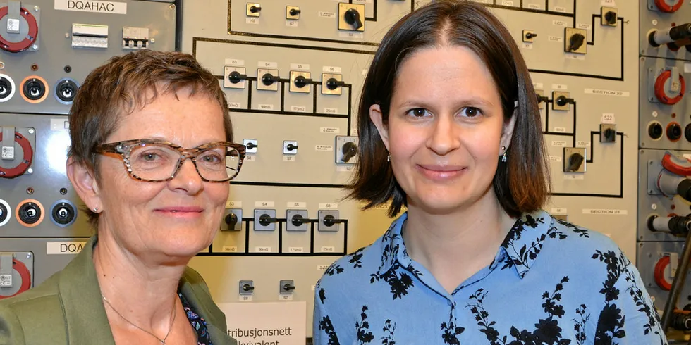 FORSKNING: «Selvhelende nett» er et viktig ledd i den økte digitaliseringen av nettstasjoner, som skal sikre tryggere og sikrere strømforsyning. Her er Sintef-forskerne Gerd Kjølle (til venstre) og Hanne Vefsnmo i Smartgrid-laben ved Sintef Energi.