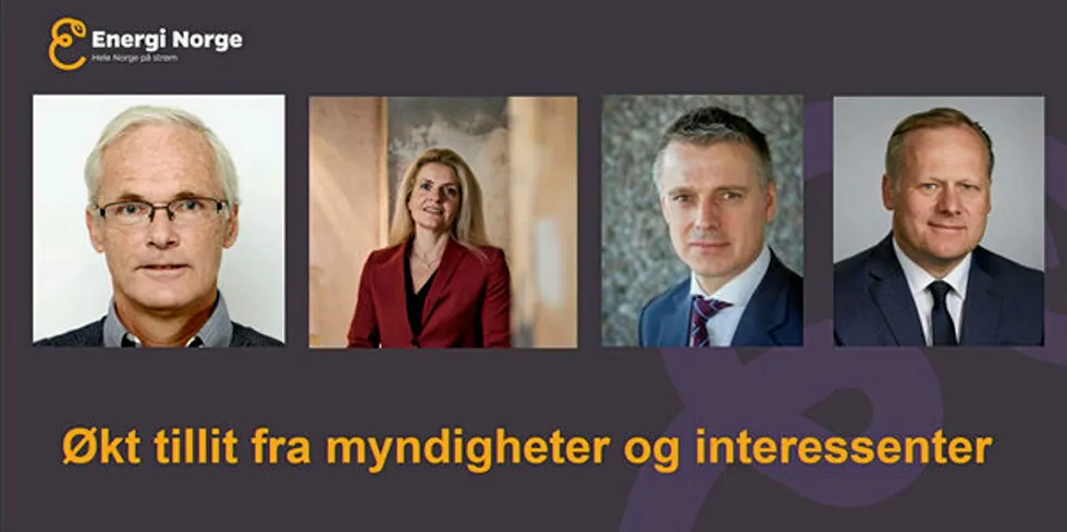 Administrerende direktør i Energi Norge, mener strømbransjen har en jobb med å etablere tillit hos disse fire. (fv)sjef i Konkurransetilsynet, Lars Sørgård, Forbrukerdirektør Inger Lise Blyverket, NVE-direktør Kjetil Lund og sjefen i Forbrukertilsynet, Trond Rønningen.