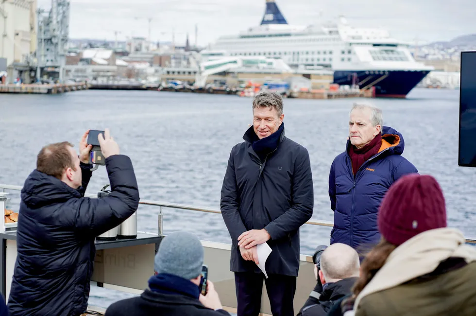 Statsminister Jonas Gahr Støre og olje- og energiminister Terje Aasland under pressekonferansen om havvind.
