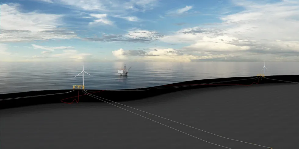 Flytende havvind til elektrifisering kan frigjøre 11 TWh i samspill med etablerte kraft fra land-kabler, ifølge Odfjell Oceanwind. Høye gasspriser gjør også flytende turbiner direkte koblet til olje- og gassinstallasjoner til et aktuelt marked for selskapet. Det første prosjekter kan bli Brage-feltet (illustrasjon).