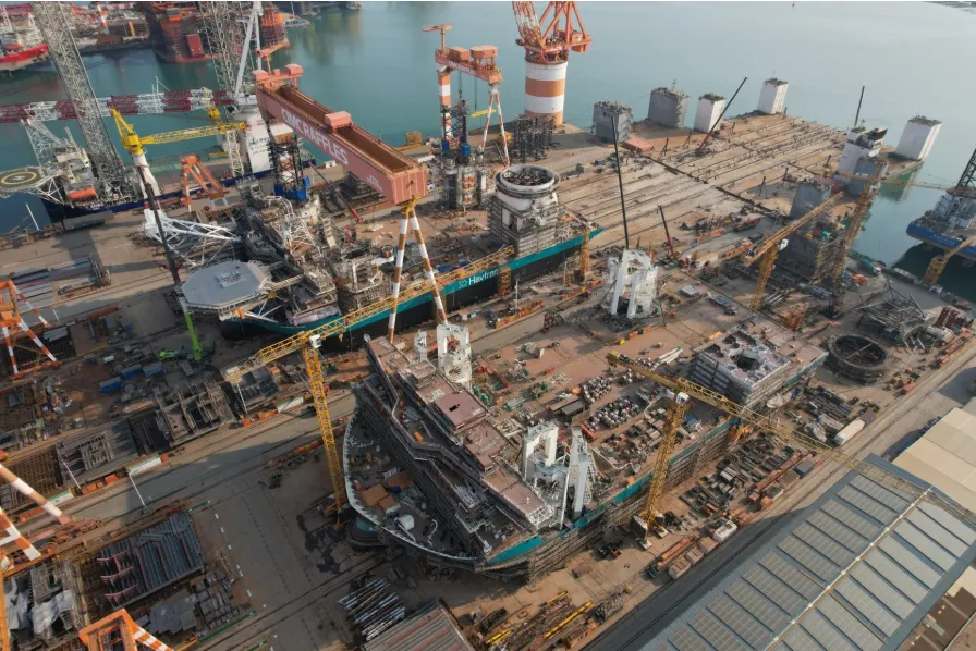 Havfram's two wind turbine installation jack-up vessels taking shape at CIMC Raffles yard in Yantai, China