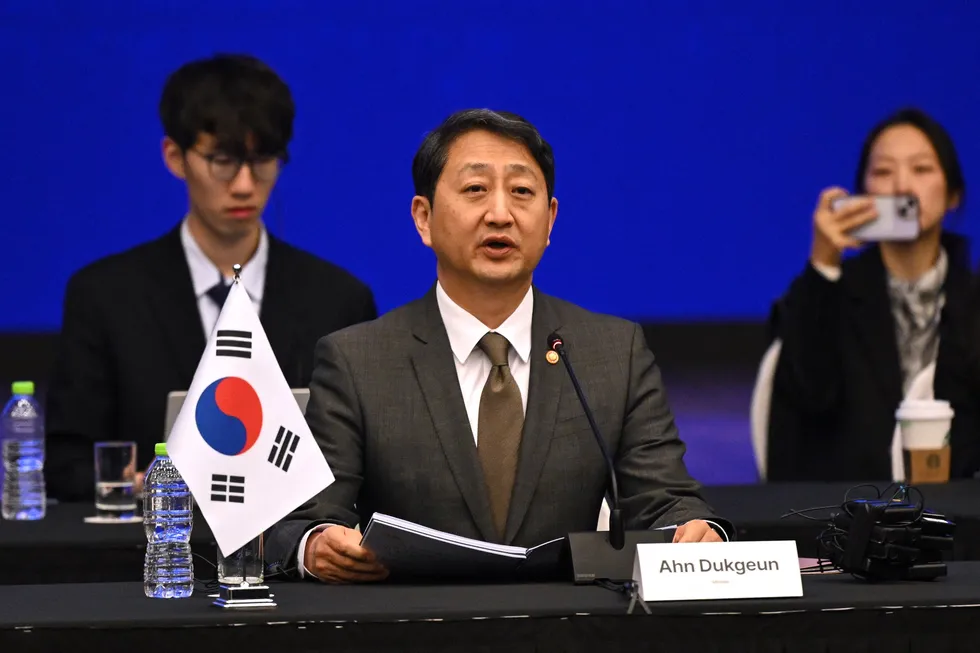 South Korea's Trade, Industry and Energy Minister Ahn Duk-geun speaking at an event in Seoul in March.