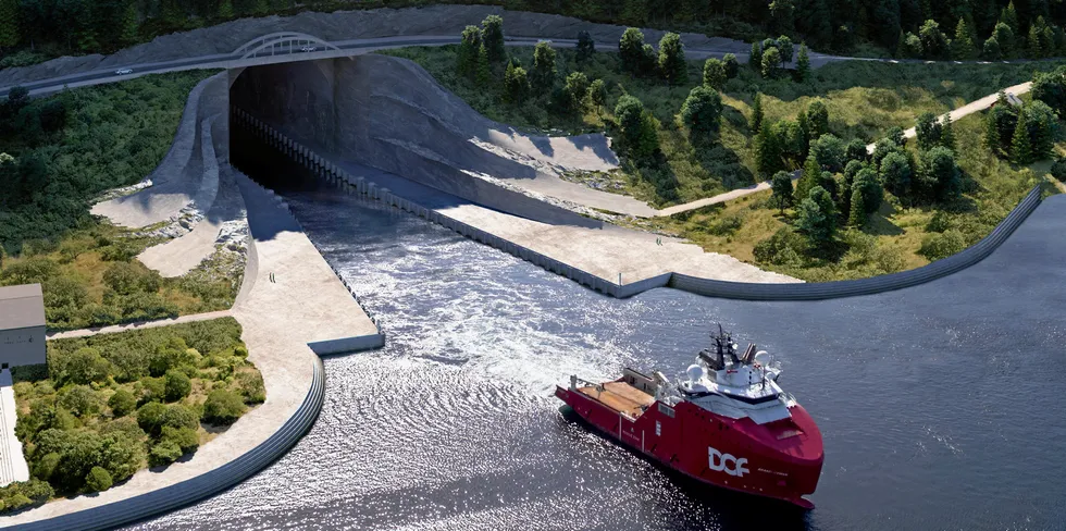 Oversiktsbilde over tunnelinngangen i Moldefjorden for Stad skipstunnel.
