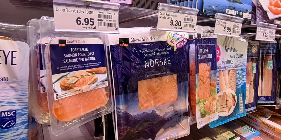 Different types of smoked salmon for sale in a shop in Switzerland. A Swiss franc is around 9.3 Norwegian kroner.