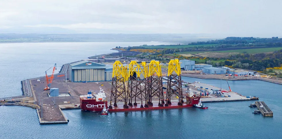 Moray East offshore wind farm jackets arriving into the Port of Nigg, Scotland