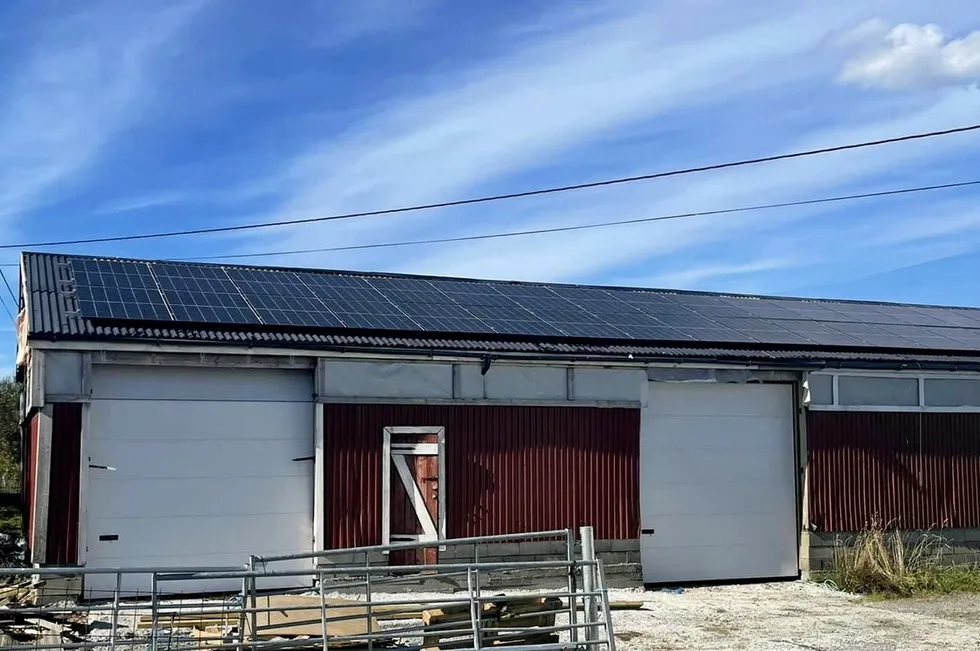 Bonde og lærer Arve Skjellanger har god dekning av solcellepanel på låvetaket. Delingsordningen skal gjøre det mulig å dele strømproduksjonen med andre bygninger på eiendommen, men så langt har ikke netteier gjort ordningen tilgjengelig.