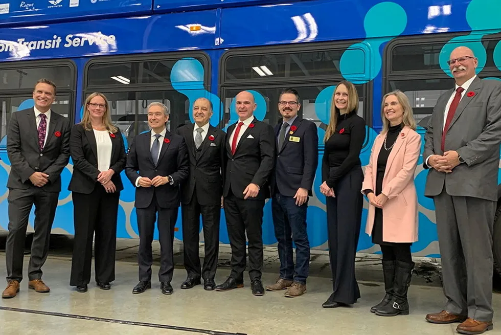 Local and national Canadian politicians and Air Products executives gather for the Canada Net Zero Hydrogen Energy Complex public funding announcement.